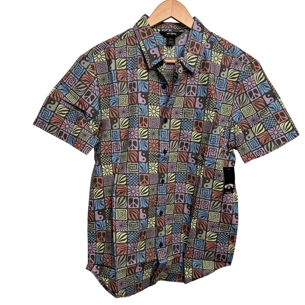 Billabong Mens Button Down Shirt M Short SleeePeace Yin Yang Retro 90s Skate